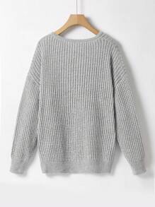 SHEIN LUNE 加大码缺角领落肩针织套头衫秋冬毛衣 - 灰色 - 查看 2