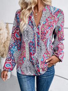 SHEIN LUNE 佩斯利印花缺角領口燈籠袖襯衫 - 紅色 - 查看 3