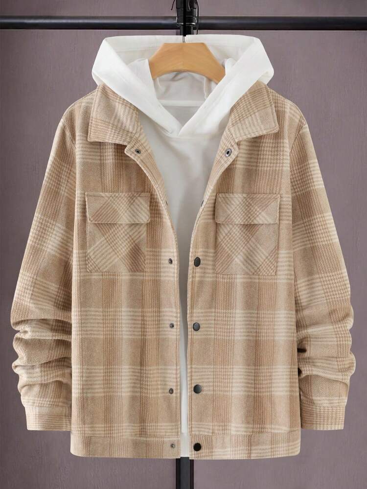 Men Plaid Print Flap Pocket Overcoat Without Hoodie