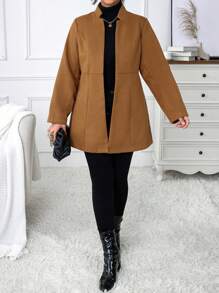 Calvaya 大碼素色開門襟花呢外套 - 棕色 - 查看 7
