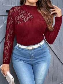 SHEIN Privé Plus Contrast Lace Mock Neck Tee - Burgundy - View 5