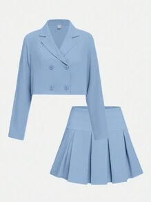 SHEIN Teen Girl Double Breasted Blazer & Pleated Skirt - Baby Blue - View 1