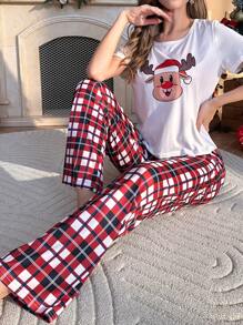 圣诞麋鹿和格子印花睡衣套装/睡衣套装 - 紅色 - 查看 7