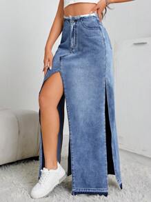 SHEIN EZwear High Waist Split Thigh Denim Skirt - Medium Wash - View 2