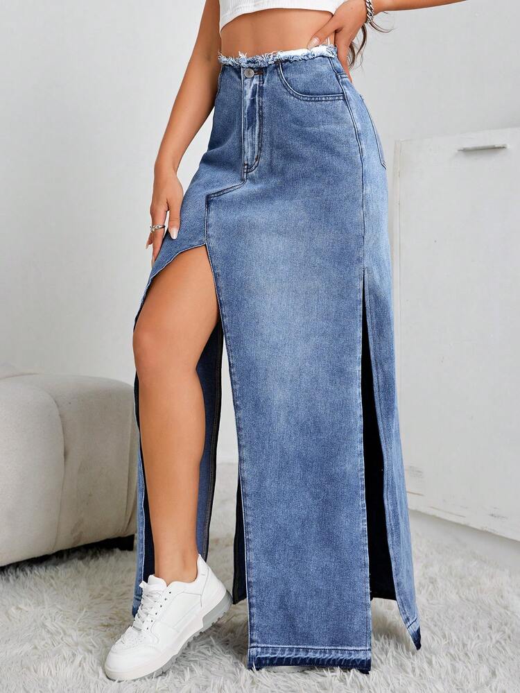 High Waist Split Thigh Denim Skirt