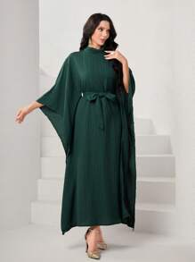 Al Najma Mock Neck Batwing Sleeve Belted Kaftan, Modest - Army Green - View 1