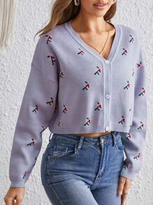 SHEIN VCAY Floral Pattern Drop Shoulder Cardigan - Mauve Purple - View 5