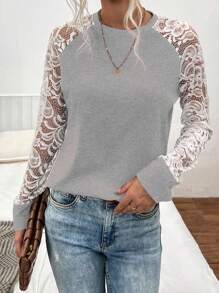 EMERY ROSE Áo tay áo Raglan có ren tương phản - Xám - Xem 3