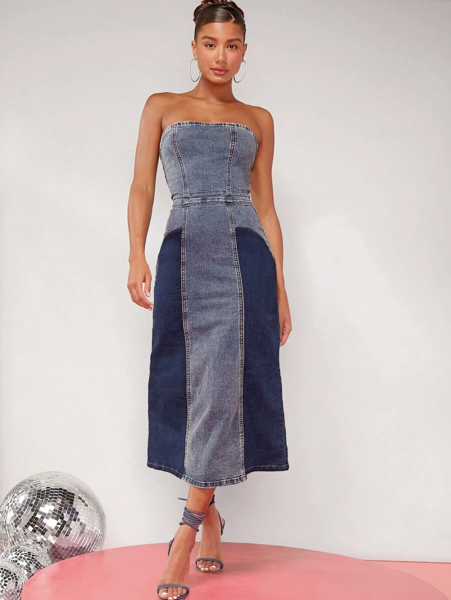 Colorblock Tube Denim Dress - Blue - View 1