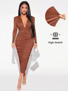 SHEIN SXY Vestido ajustado con escote pronunciado y parte delantera fruncida - Café integral - Ver 1