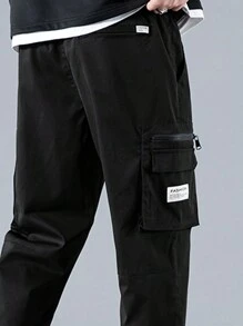 Men Letter Patched Flap Pocket Cargo Pants - Black - View 4