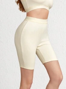 素色高腰休閒短褲 - 米色 - 查看 7