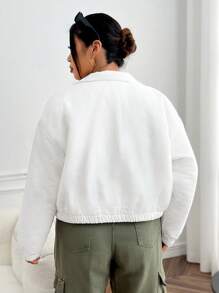 SHEIN EZwear Plus Flap Pocket Drop Shoulder Zipper Corduroy Padded Coat