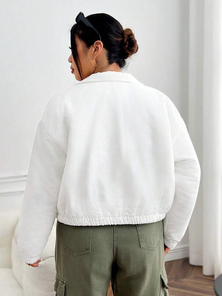 Plus Flap Pocket Drop Shoulder Zipper Corduroy Padded Coat