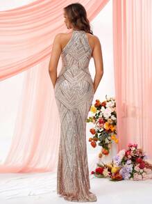LOVE&LEMONADE Halter Neck Mermaid Hem Sequin Prom Dress Elegant Formal Evening Wedding Guest Gown, For Graduation, Dinner Party Dress - Gold - View 2