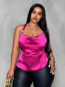 Slaydiva 大码女式优雅鸡尾酒会纯玫瑰红色细肩带金属纽扣装饰背心，软缎面料 - 玫紅色 - 查看 1