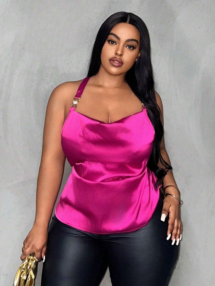 Slaydiva 大码女式优雅鸡尾酒会纯玫瑰红色细肩带金属纽扣装饰背心，软缎面料 - 玫紅色 - 查看 1