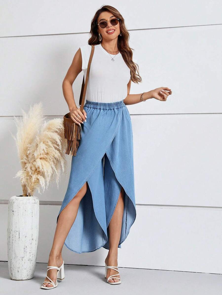 SHEIN LUNE Tulip Hem Wide Leg Jeans - Medium Wash - View 1