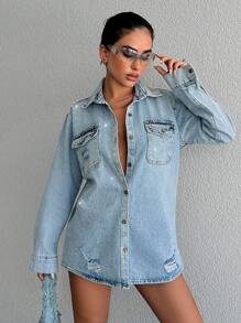 EURMUSE Cazadora mezclilla con bolsillo con solapa desgarro - Lavado ligero - Ver 1