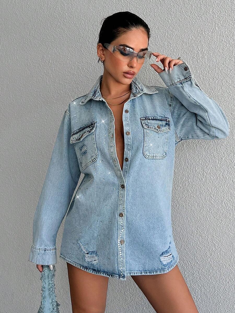 EURMUSE Cazadora mezclilla con bolsillo con solapa desgarro - Lavado ligero - Ver 1