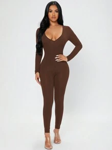 SHEIN PETITE Sweetheart Neck Unitard Jumpsuit - Brown - View 4