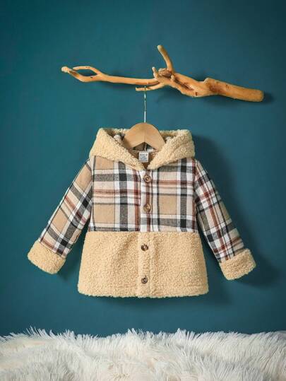 Baby Boy Plaid Print Hooded Teddy Coat