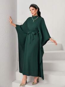 Al Najma Mock Neck Batwing Sleeve Belted Kaftan, Modest - Army Green - View 3