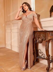 Faeriesty Plus Cold Shoulder Split Thigh Sequin Prom Dress Elegant Formal Evening Wedding Guest Gown, For Graduation, Dinner Party Dress