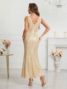 Sequin Wrap Dress, Elegant Cocktail Party Dress, Suitable For Wedding Guest, Formal Occasion, Birthday, Graduation, Dinner, Homecoming, Bridal Gown - Gold - View 3