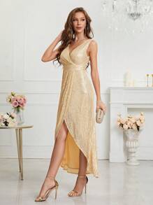 Sequin Wrap Dress, Elegant Cocktail Party Dress, Suitable For Wedding Guest, Formal Occasion, Birthday, Graduation, Dinner, Homecoming, Bridal Gown - Gold - View 5