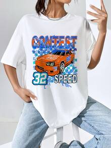 SHEIN EZwear Camiseta con hombros caídos y estampado de letra y coche - Blanco - Ver 7