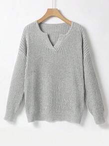 SHEIN LUNE 加大码缺角领落肩针织套头衫秋冬毛衣 - 灰色 - 查看 1
