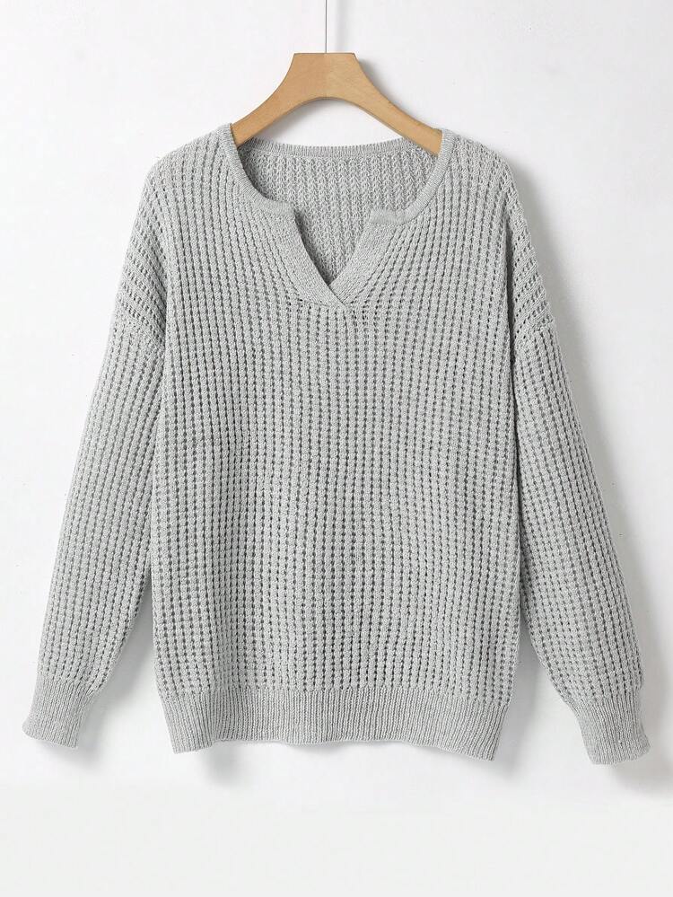 Plus Notched Neck Drop Shoulder Sweater Knit Pullover Fall Winter Sweater