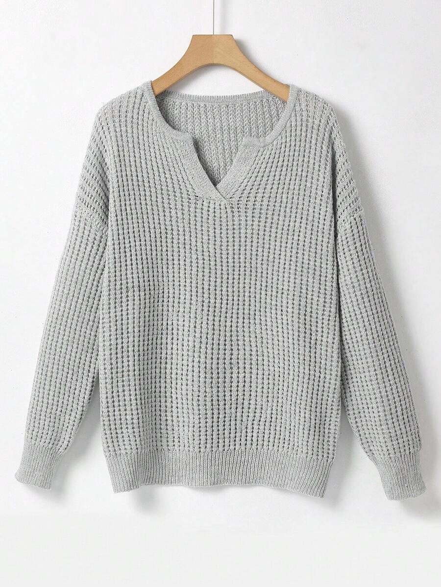 SHEIN LUNE 加大码缺角领落肩针织套头衫秋冬毛衣 - 灰色 - 查看 1