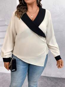 SHEIN Clasi 大碼拼接邊側收褶不對稱下擺襯衫