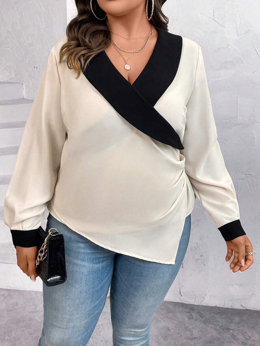 SHEIN Clasi 大碼拼接邊側收褶不對稱下擺襯衫