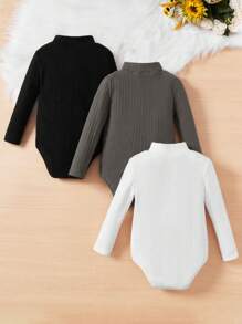 SHEIN Baby Girl 3pcs Mock Neck Ribbed Knit Bodysuit - Black and White - View 2
