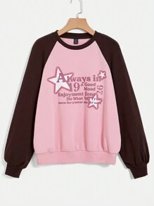 SHEIN EZwear Slogan & In Sao Tay Raglan Áo nỉ - Nhiều màu - Xem 1