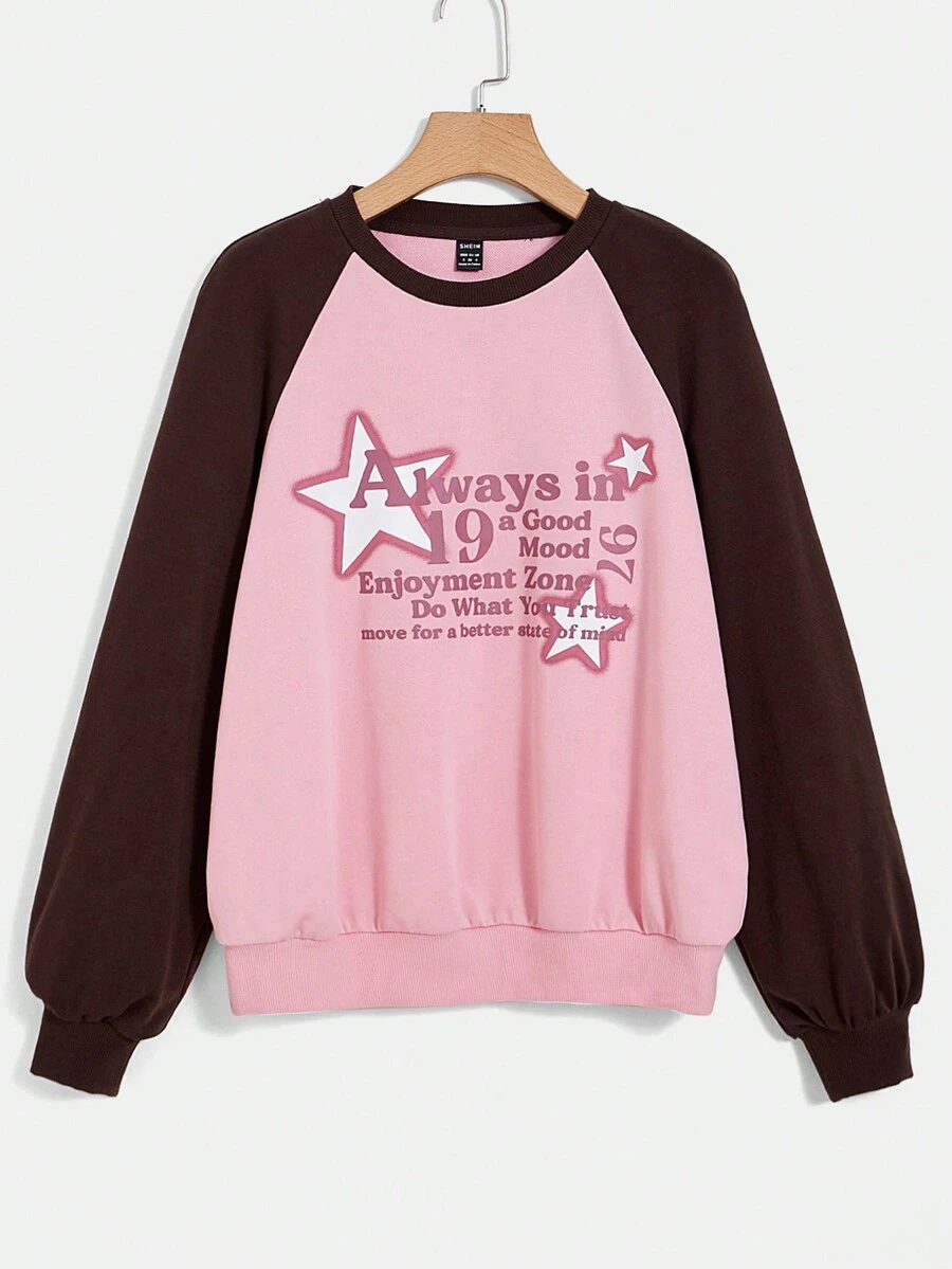 SHEIN EZwear Slogan & In Sao Tay Raglan Áo nỉ - Nhiều màu - Xem 1