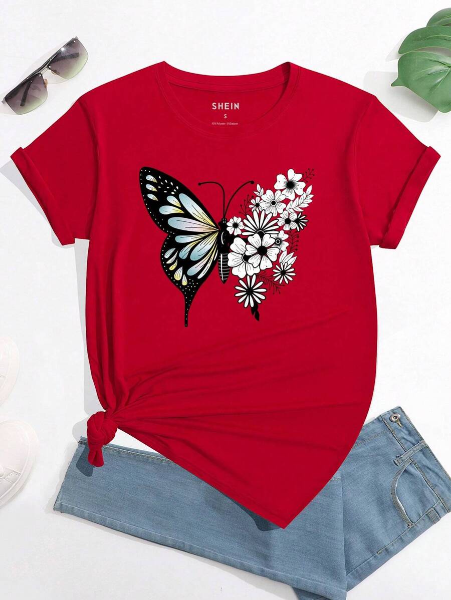 INAWLY 蝴蝶和雛菊圖案T恤 - 紅色 - 查看 1