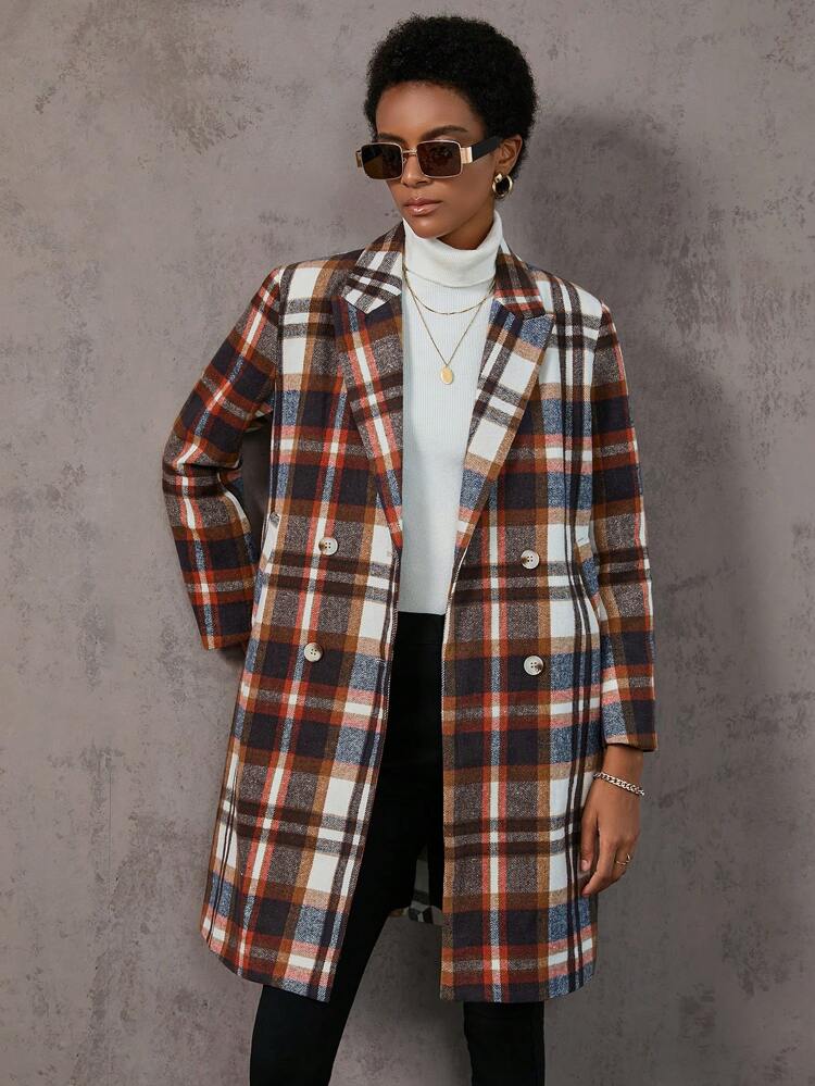 Plaid Double Breasted Overcoat Fall Cloth For Women