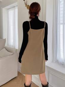 DAZY Vestido de tirantes unicolor sin camiseta - Caqui - Ver 2