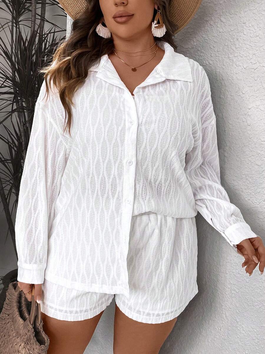 SHEIN VCAY Plus Drop Shoulder Shirt & Shorts - White - View 1