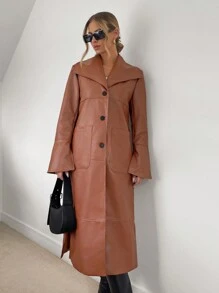 SHEIN Privé Áo khoác da PU có thắt lưng có tay loe - Cà phê nâu - Xem 5