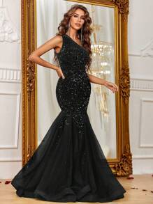 Elegant One Shoulder Sparkly Sequin Connect Mesh Maxi Mermaid Hem Formal Dress For Women - Black - View 6
