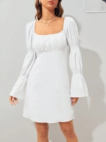 Soleia Solid Square Neck Flounce Sleeve Ruched Bust Dress - White - View 5