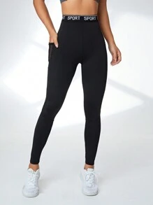 Easithlete 字母腰带手机口袋侧运动紧身裤瑜伽女裤 - 黑色 - 查看 5