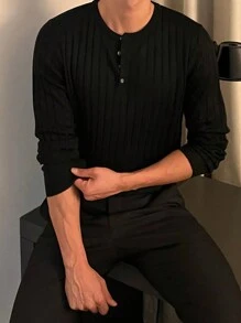 DAZY 男士半扣罗纹针织毛衣商务装 - 黑色 - 查看 3