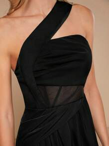 SHEIN Belle One Shoulder Mesh Insert Wrap Hem Bridesmaid Dress - Black - View 7