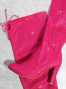 Long lanh Pointy Toe Cao đến đùi Dày Giày ống - Màu Hồng Tươi - Xem 2